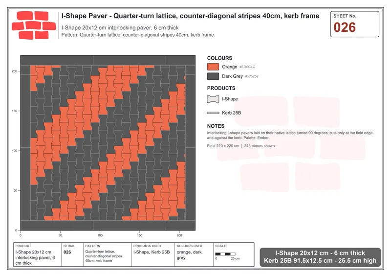 Interlock (Pasco) 20x12 cm · ISH-026 · Quarter-turn lattice, counter-diagonal stripes 40cm, kerb frame · Laying plan Interlock (Pasco) 20x12 cm · ISH-026 · Quarter-turn lattice, counter-diagonal stripes 40cm, kerb frame · Laying plan