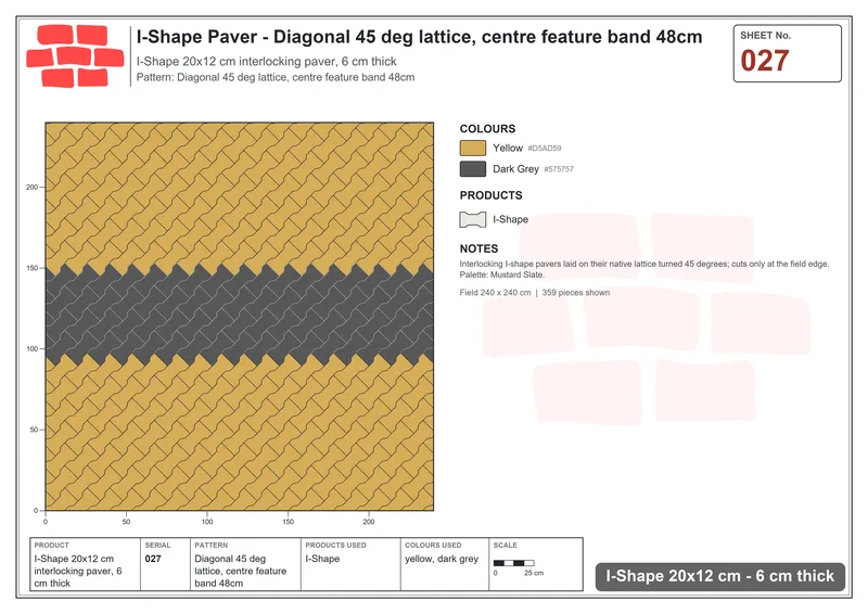 Interlock (Pasco) 20x12 cm · ISH-027 · Diagonal 45 deg lattice, centre feature band 48cm · Laying plan Interlock (Pasco) 20x12 cm · ISH-027 · Diagonal 45 deg lattice, centre feature band 48cm · Laying plan