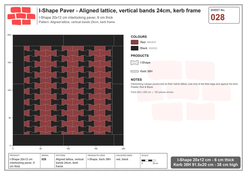 Interlock (Pasco) 20x12 cm · ISH-028 · Aligned lattice, vertical bands 24cm, kerb frame · Laying plan Interlock (Pasco) 20x12 cm · ISH-028 · Aligned lattice, vertical bands 24cm, kerb frame · Laying plan