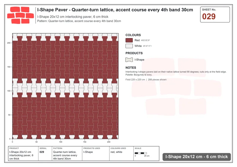 Interlock (Pasco) 20x12 cm · ISH-029 · Quarter-turn lattice, accent course every 4th band 30cm · Laying plan Interlock (Pasco) 20x12 cm · ISH-029 · Quarter-turn lattice, accent course every 4th band 30cm · Laying plan