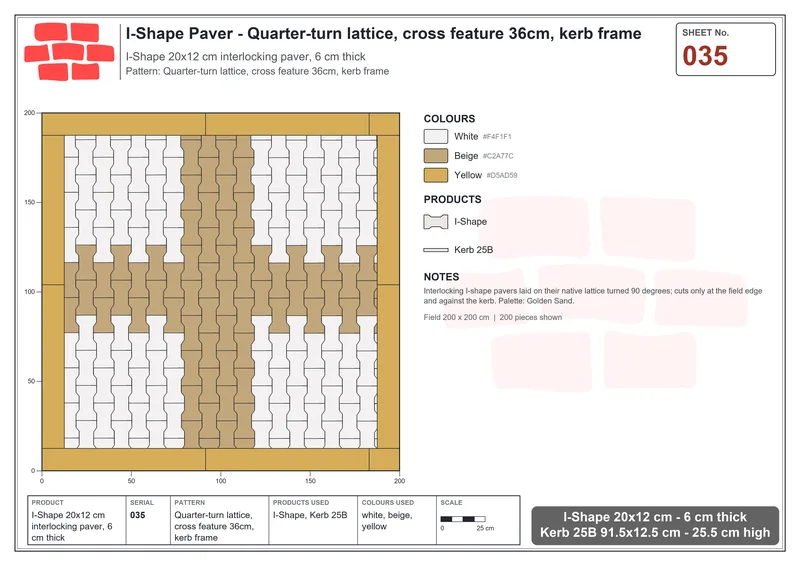 Interlock (Pasco) 20x12 cm · ISH-035 · Quarter-turn lattice, cross feature 36cm, kerb frame · Laying plan Interlock (Pasco) 20x12 cm · ISH-035 · Quarter-turn lattice, cross feature 36cm, kerb frame · Laying plan