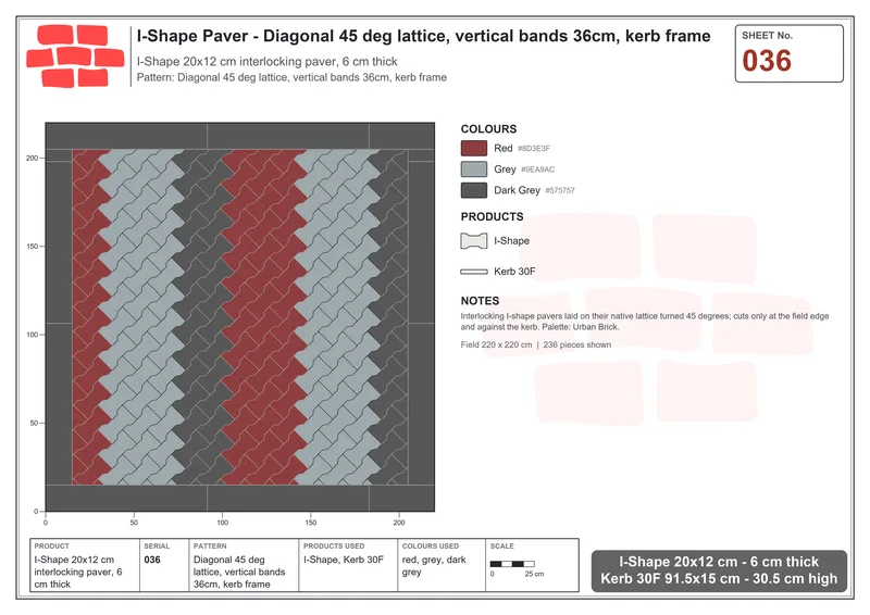Interlock (Pasco) 20x12 cm · ISH-036 · Diagonal 45 deg lattice, vertical bands 36cm, kerb frame · Laying plan Interlock (Pasco) 20x12 cm · ISH-036 · Diagonal 45 deg lattice, vertical bands 36cm, kerb frame · Laying plan