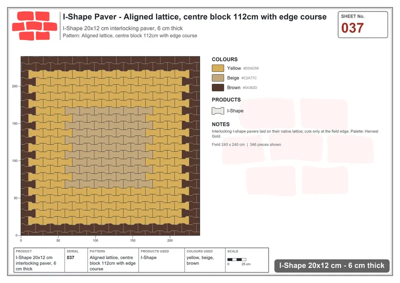 Interlock (Pasco) 20x12 cm · ISH-037 · Aligned lattice, centre block 112cm with edge course · Laying plan Interlock (Pasco) 20x12 cm · ISH-037 · Aligned lattice, centre block 112cm with edge course · Laying plan