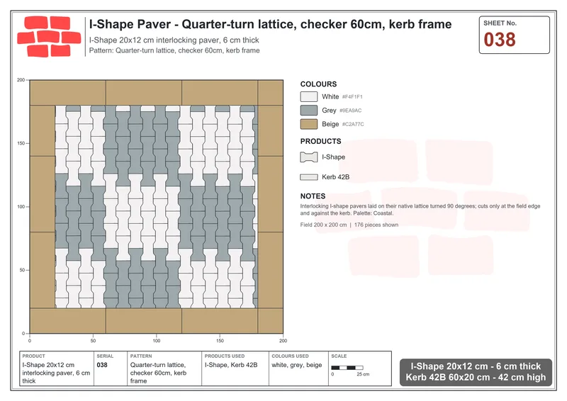 Interlock (Pasco) 20x12 cm · ISH-038 · Quarter-turn lattice, checker 60cm, kerb frame · Laying plan Interlock (Pasco) 20x12 cm · ISH-038 · Quarter-turn lattice, checker 60cm, kerb frame · Laying plan