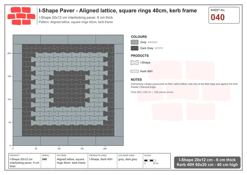 Interlock (Pasco) 20x12 cm · ISH-040 · Aligned lattice, square rings 40cm, kerb frame · Laying plan Interlock (Pasco) 20x12 cm · ISH-040 · Aligned lattice, square rings 40cm, kerb frame · Laying plan