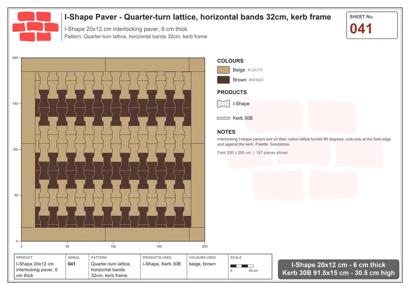 Interlock (Pasco) 20x12 cm · ISH-041 · Quarter-turn lattice, horizontal bands 32cm, kerb frame · Laying plan Interlock (Pasco) 20x12 cm · ISH-041 · Quarter-turn lattice, horizontal bands 32cm, kerb frame · Laying plan