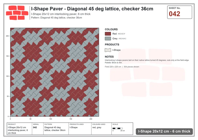 Interlock (Pasco) 20x12 cm · ISH-042 · Diagonal 45 deg lattice, checker 36cm · Laying plan Interlock (Pasco) 20x12 cm · ISH-042 · Diagonal 45 deg lattice, checker 36cm · Laying plan