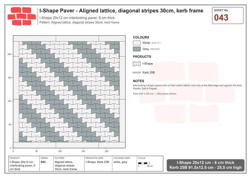 Interlock (Pasco) 20x12 cm · ISH-043 · Aligned lattice, diagonal stripes 30cm, kerb frame · Laying plan Interlock (Pasco) 20x12 cm · ISH-043 · Aligned lattice, diagonal stripes 30cm, kerb frame · Laying plan