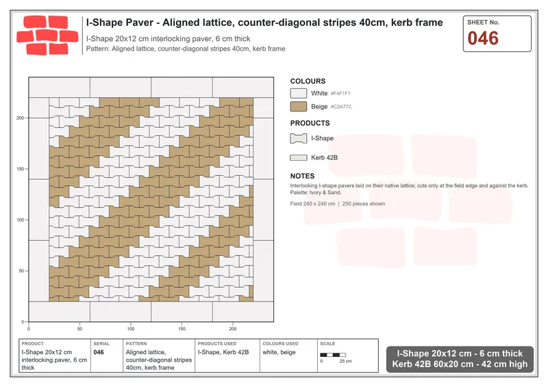 Interlock (Pasco) 20x12 cm · ISH-046 · Aligned lattice, counter-diagonal stripes 40cm, kerb frame · Laying plan Interlock (Pasco) 20x12 cm · ISH-046 · Aligned lattice, counter-diagonal stripes 40cm, kerb frame · Laying plan