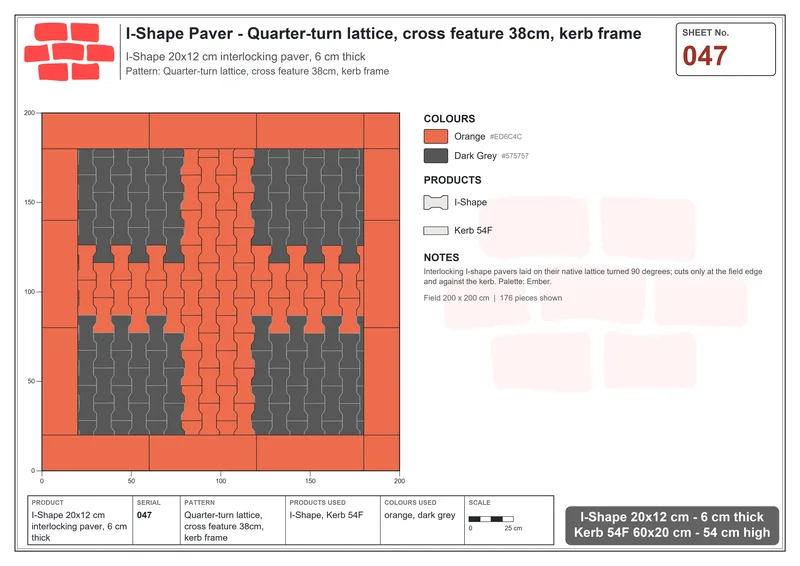 Interlock (Pasco) 20x12 cm · ISH-047 · Quarter-turn lattice, cross feature 38cm, kerb frame · Laying plan Interlock (Pasco) 20x12 cm · ISH-047 · Quarter-turn lattice, cross feature 38cm, kerb frame · Laying plan