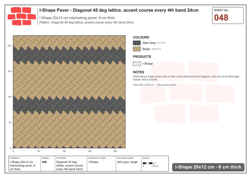 Interlock (Pasco) 20x12 cm · ISH-048 · Diagonal 45 deg lattice, accent course every 4th band 24cm · Laying plan Interlock (Pasco) 20x12 cm · ISH-048 · Diagonal 45 deg lattice, accent course every 4th band 24cm · Laying plan