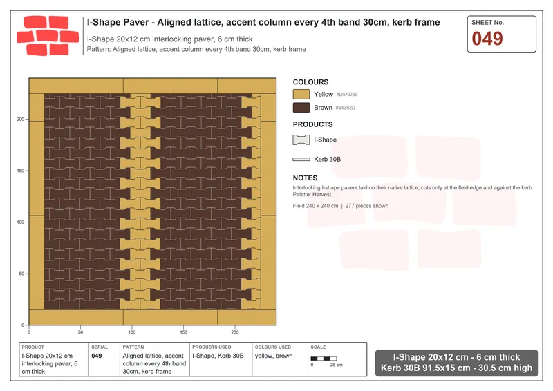 Interlock (Pasco) 20x12 cm · ISH-049 · Aligned lattice, accent column every 4th band 30cm, kerb frame · Laying plan Interlock (Pasco) 20x12 cm · ISH-049 · Aligned lattice, accent column every 4th band 30cm, kerb frame · Laying plan