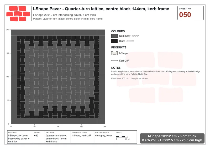 Interlock (Pasco) 20x12 cm · ISH-050 · Quarter-turn lattice, centre block 144cm, kerb frame · Laying plan Interlock (Pasco) 20x12 cm · ISH-050 · Quarter-turn lattice, centre block 144cm, kerb frame · Laying plan