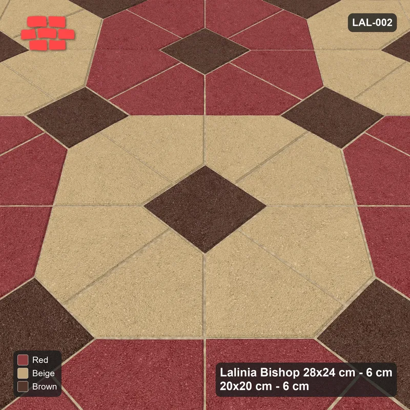 Interlock (Pasco) 28x24 cm · LAL-002 · Octagon Rosette Grid - chequer octagons, dark centres and gap squares, kerb frame · Side view Interlock (Pasco) 28x24 cm · LAL-002 · Octagon Rosette Grid - chequer octagons, dark centres and gap squares, kerb frame · Side view