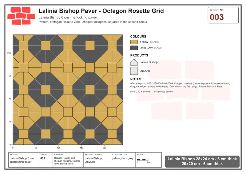 Interlock (Pasco) 28x24 cm · LAL-003 · Octagon Rosette Grid - chequer octagons, squares in the second colour · Laying plan Interlock (Pasco) 28x24 cm · LAL-003 · Octagon Rosette Grid - chequer octagons, squares in the second colour · Laying plan