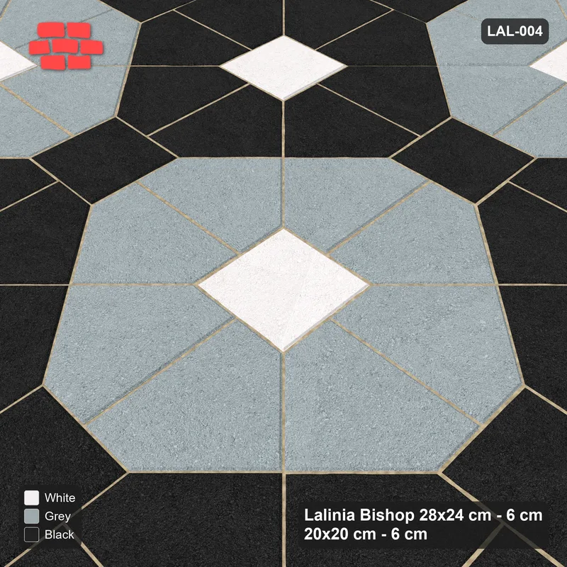 Interlock (Pasco) 28x24 cm · LAL-004 · Octagon Rosette Grid - chequer octagons, accent centres, kerb frame · Side view Interlock (Pasco) 28x24 cm · LAL-004 · Octagon Rosette Grid - chequer octagons, accent centres, kerb frame · Side view