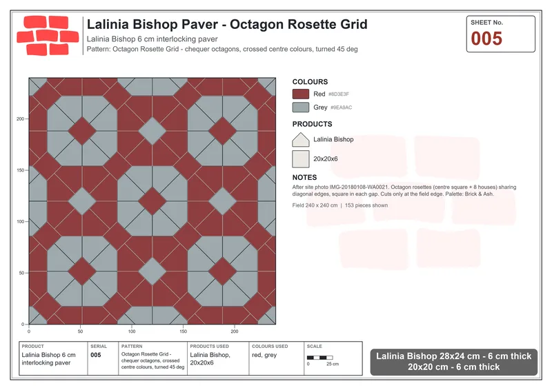 Interlock (Pasco) 28x24 cm · LAL-005 · Octagon Rosette Grid - chequer octagons, crossed centre colours, turned 45 deg · Laying plan Interlock (Pasco) 28x24 cm · LAL-005 · Octagon Rosette Grid - chequer octagons, crossed centre colours, turned 45 deg · Laying plan