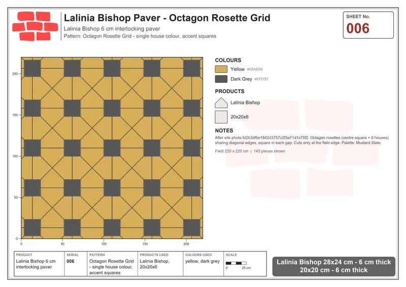 Interlock (Pasco) 28x24 cm · LAL-006 · Octagon Rosette Grid - single house colour, accent squares · Laying plan Interlock (Pasco) 28x24 cm · LAL-006 · Octagon Rosette Grid - single house colour, accent squares · Laying plan