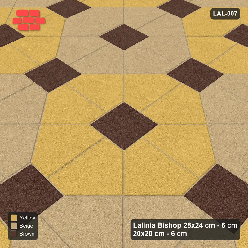 Interlock (Pasco) 28x24 cm · LAL-007 · Octagon Rosette Grid - chequer octagons, dark centres and gap squares, kerb frame · Side view Interlock (Pasco) 28x24 cm · LAL-007 · Octagon Rosette Grid - chequer octagons, dark centres and gap squares, kerb frame · Side view