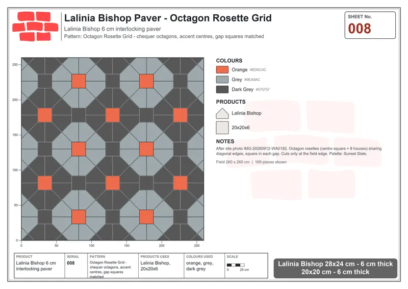 Interlock (Pasco) 28x24 cm · LAL-008 · Octagon Rosette Grid - chequer octagons, accent centres, gap squares matched · Laying plan Interlock (Pasco) 28x24 cm · LAL-008 · Octagon Rosette Grid - chequer octagons, accent centres, gap squares matched · Laying plan