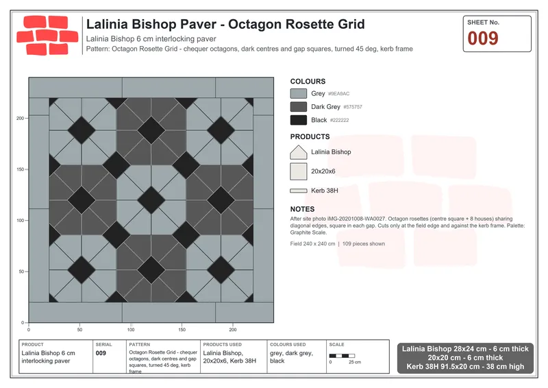 Interlock (Pasco) 28x24 cm · LAL-009 · Octagon Rosette Grid - chequer octagons, dark centres and gap squares, turned 45 deg, kerb frame · Laying plan Interlock (Pasco) 28x24 cm · LAL-009 · Octagon Rosette Grid - chequer octagons, dark centres and gap squares, turned 45 deg, kerb frame · Laying plan