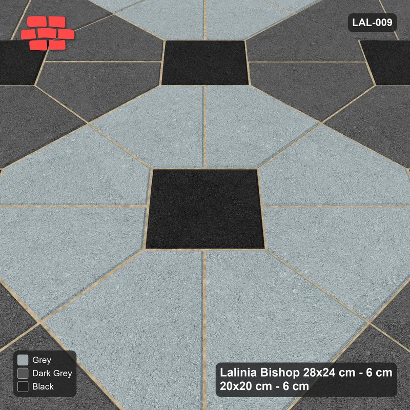 Interlock (Pasco) 28x24 cm · LAL-009 · Octagon Rosette Grid - chequer octagons, dark centres and gap squares, turned 45 deg, kerb frame · Side view Interlock (Pasco) 28x24 cm · LAL-009 · Octagon Rosette Grid - chequer octagons, dark centres and gap squares, turned 45 deg, kerb frame · Side view