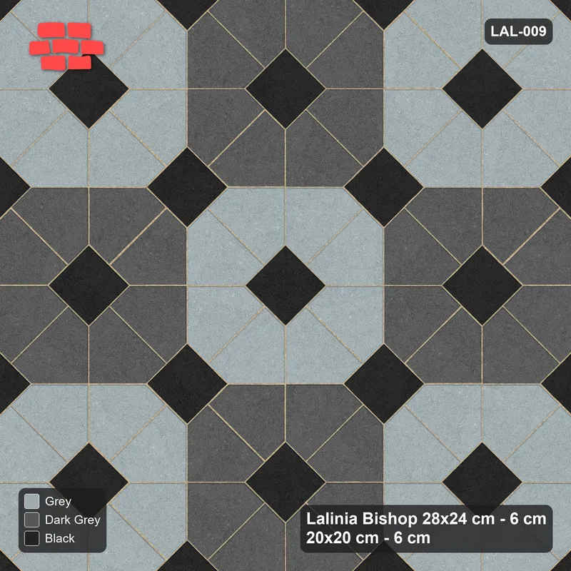Interlock (Pasco) 28x24 cm · LAL-009 · Octagon Rosette Grid - chequer octagons, dark centres and gap squares, turned 45 deg, kerb frame · Top view Interlock (Pasco) 28x24 cm · LAL-009 · Octagon Rosette Grid - chequer octagons, dark centres and gap squares, turned 45 deg, kerb frame · Top view