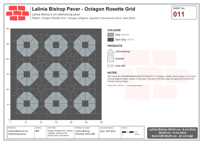 Interlock (Pasco) 28x24 cm · LAL-011 · Octagon Rosette Grid - chequer octagons, squares in the second colour, kerb frame · Laying plan Interlock (Pasco) 28x24 cm · LAL-011 · Octagon Rosette Grid - chequer octagons, squares in the second colour, kerb frame · Laying plan