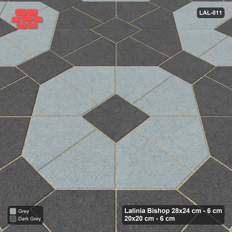 Interlock (Pasco) 28x24 cm · LAL-011 · Octagon Rosette Grid - chequer octagons, squares in the second colour, kerb frame · Side view Interlock (Pasco) 28x24 cm · LAL-011 · Octagon Rosette Grid - chequer octagons, squares in the second colour, kerb frame · Side view