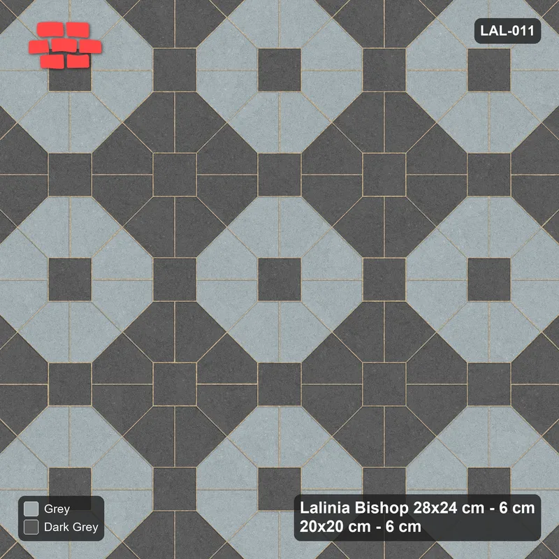 Interlock (Pasco) 28x24 cm · LAL-011 · Octagon Rosette Grid - chequer octagons, squares in the second colour, kerb frame · Top view Interlock (Pasco) 28x24 cm · LAL-011 · Octagon Rosette Grid - chequer octagons, squares in the second colour, kerb frame · Top view