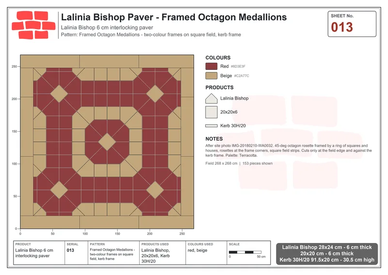 Interlock (Pasco) 28x24 cm · LAL-013 · Framed Octagon Medallions - two-colour frames on square field, kerb frame · Laying plan Interlock (Pasco) 28x24 cm · LAL-013 · Framed Octagon Medallions - two-colour frames on square field, kerb frame · Laying plan