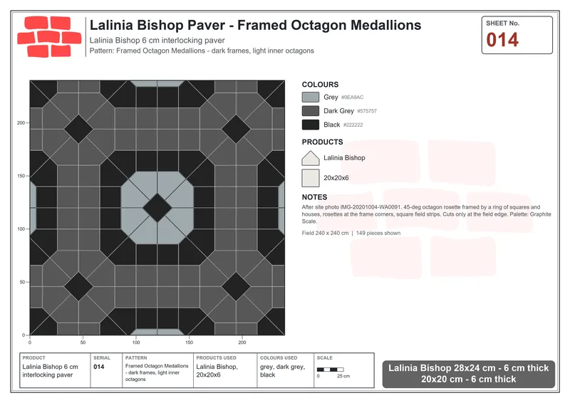 Interlock (Pasco) 28x24 cm · LAL-014 · Framed Octagon Medallions - dark frames, light inner octagons · Laying plan Interlock (Pasco) 28x24 cm · LAL-014 · Framed Octagon Medallions - dark frames, light inner octagons · Laying plan