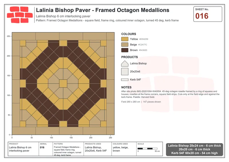 Interlock (Pasco) 28x24 cm · LAL-016 · Framed Octagon Medallions - square field, frame ring, coloured inner octagon, turned 45 deg, kerb frame · Laying plan Interlock (Pasco) 28x24 cm · LAL-016 · Framed Octagon Medallions - square field, frame ring, coloured inner octagon, turned 45 deg, kerb frame · Laying plan