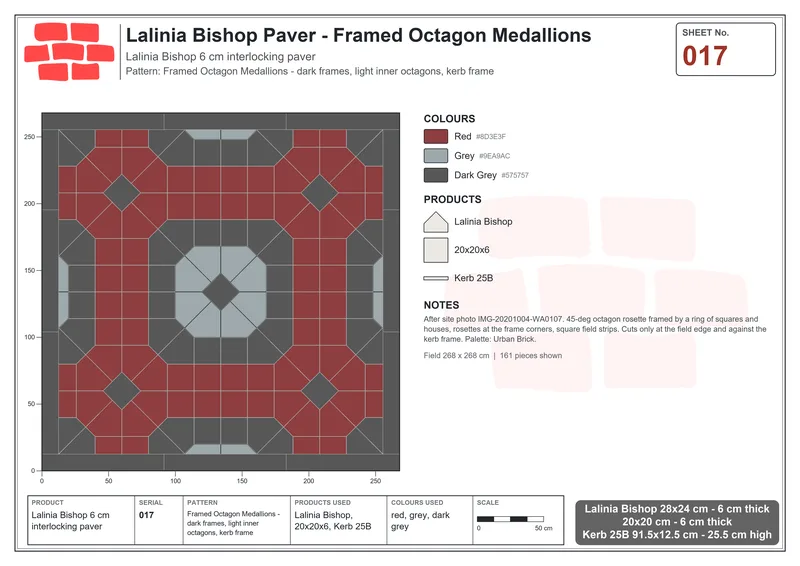 Interlock (Pasco) 28x24 cm · LAL-017 · Framed Octagon Medallions - dark frames, light inner octagons, kerb frame · Laying plan Interlock (Pasco) 28x24 cm · LAL-017 · Framed Octagon Medallions - dark frames, light inner octagons, kerb frame · Laying plan