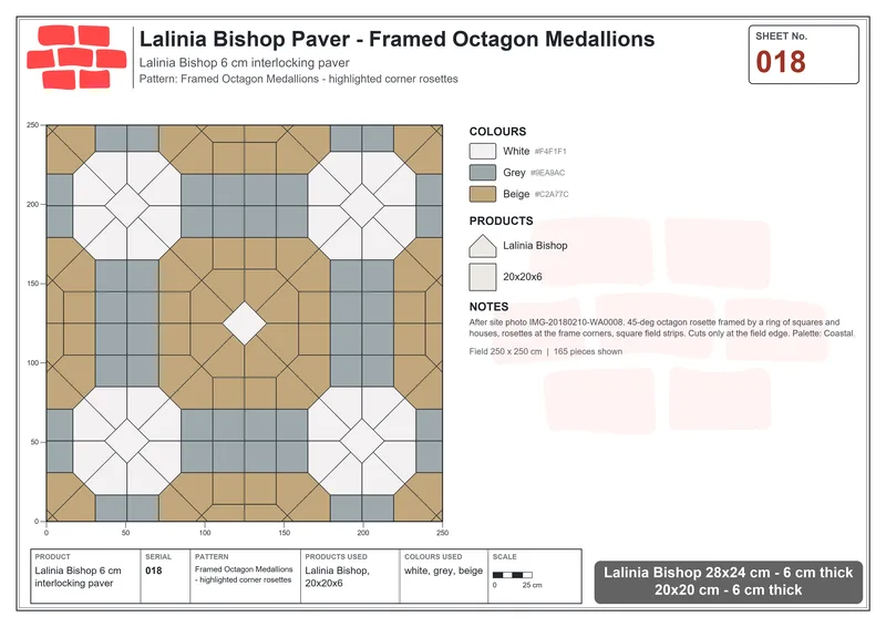 Interlock (Pasco) 28x24 cm · LAL-018 · Framed Octagon Medallions - highlighted corner rosettes · Laying plan Interlock (Pasco) 28x24 cm · LAL-018 · Framed Octagon Medallions - highlighted corner rosettes · Laying plan