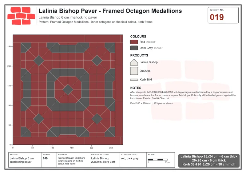 Interlock (Pasco) 28x24 cm · LAL-019 · Framed Octagon Medallions - inner octagons on the field colour, kerb frame · Laying plan Interlock (Pasco) 28x24 cm · LAL-019 · Framed Octagon Medallions - inner octagons on the field colour, kerb frame · Laying plan