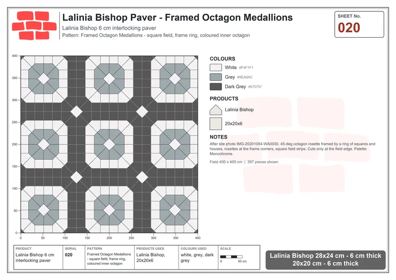 Interlock (Pasco) 28x24 cm · LAL-020 · Framed Octagon Medallions - square field, frame ring, coloured inner octagon · Laying plan Interlock (Pasco) 28x24 cm · LAL-020 · Framed Octagon Medallions - square field, frame ring, coloured inner octagon · Laying plan