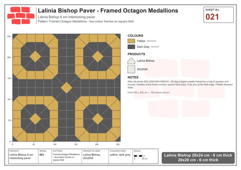 Interlock (Pasco) 28x24 cm · LAL-021 · Framed Octagon Medallions - two-colour frames on square field · Laying plan Interlock (Pasco) 28x24 cm · LAL-021 · Framed Octagon Medallions - two-colour frames on square field · Laying plan