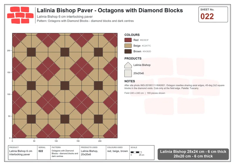 Interlock (Pasco) 28x24 cm · LAL-022 · Octagons with Diamond Blocks - diamond blocks and dark centres · Laying plan Interlock (Pasco) 28x24 cm · LAL-022 · Octagons with Diamond Blocks - diamond blocks and dark centres · Laying plan