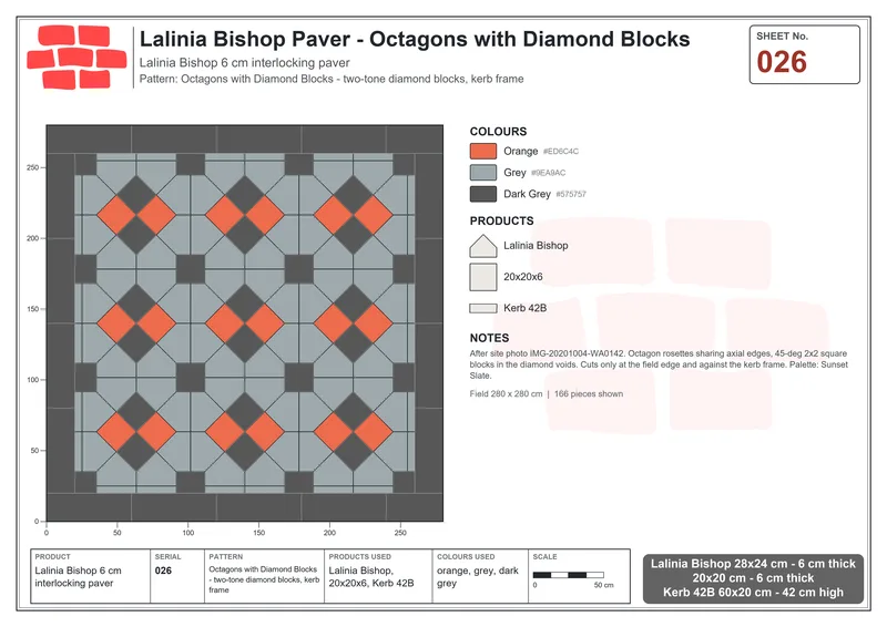 Interlock (Pasco) 28x24 cm · LAL-026 · Octagons with Diamond Blocks - two-tone diamond blocks, kerb frame · Laying plan Interlock (Pasco) 28x24 cm · LAL-026 · Octagons with Diamond Blocks - two-tone diamond blocks, kerb frame · Laying plan
