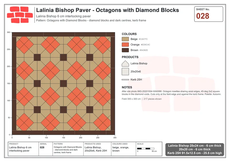 Interlock (Pasco) 28x24 cm · LAL-028 · Octagons with Diamond Blocks - diamond blocks and dark centres, kerb frame · Laying plan Interlock (Pasco) 28x24 cm · LAL-028 · Octagons with Diamond Blocks - diamond blocks and dark centres, kerb frame · Laying plan