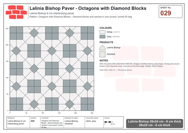 Interlock (Pasco) 28x24 cm · LAL-029 · Octagons with Diamond Blocks - diamond blocks and centres in one accent, turned 45 deg · Laying plan Interlock (Pasco) 28x24 cm · LAL-029 · Octagons with Diamond Blocks - diamond blocks and centres in one accent, turned 45 deg · Laying plan