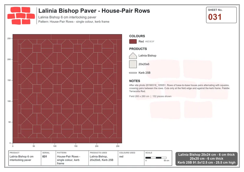 Interlock (Pasco) 28x24 cm · LAL-031 · House-Pair Rows - single colour, kerb frame · Laying plan Interlock (Pasco) 28x24 cm · LAL-031 · House-Pair Rows - single colour, kerb frame · Laying plan