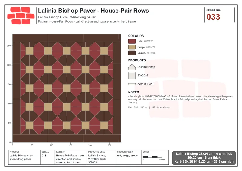 Interlock (Pasco) 28x24 cm · LAL-033 · House-Pair Rows - pair direction and square accents, kerb frame · Laying plan Interlock (Pasco) 28x24 cm · LAL-033 · House-Pair Rows - pair direction and square accents, kerb frame · Laying plan