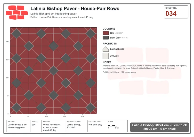Interlock (Pasco) 28x24 cm · LAL-034 · House-Pair Rows - accent squares, turned 45 deg · Laying plan Interlock (Pasco) 28x24 cm · LAL-034 · House-Pair Rows - accent squares, turned 45 deg · Laying plan