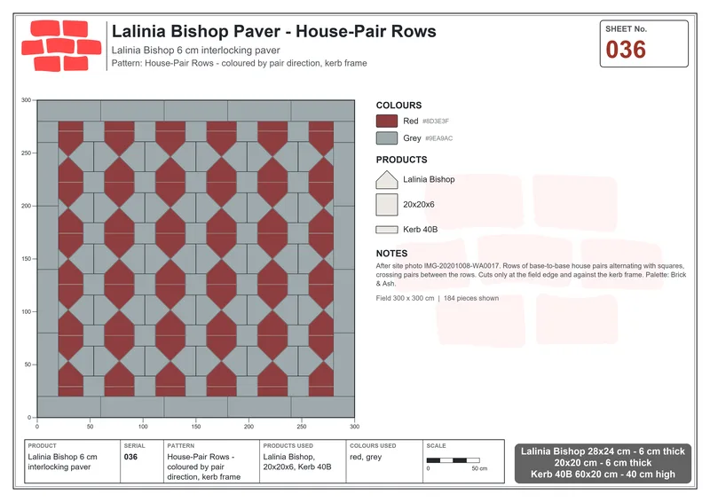 Interlock (Pasco) 28x24 cm · LAL-036 · House-Pair Rows - coloured by pair direction, kerb frame · Laying plan Interlock (Pasco) 28x24 cm · LAL-036 · House-Pair Rows - coloured by pair direction, kerb frame · Laying plan