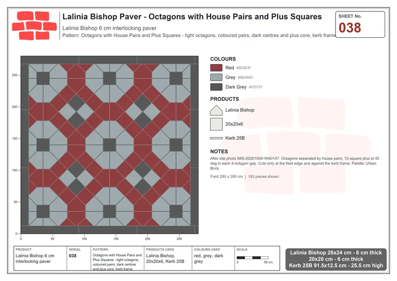 Interlock (Pasco) 28x24 cm · LAL-038 · Octagons with House Pairs and Plus Squares - light octagons, coloured pairs, dark centres and plus core, kerb frame · Laying plan Interlock (Pasco) 28x24 cm · LAL-038 · Octagons with House Pairs and Plus Squares - light octagons, coloured pairs, dark centres and plus core, kerb frame · Laying plan