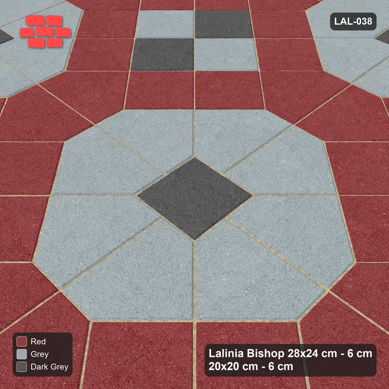 Interlock (Pasco) 28x24 cm · LAL-038 · Octagons with House Pairs and Plus Squares - light octagons, coloured pairs, dark centres and plus core, kerb frame · Side view Interlock (Pasco) 28x24 cm · LAL-038 · Octagons with House Pairs and Plus Squares - light octagons, coloured pairs, dark centres and plus core, kerb frame · Side view