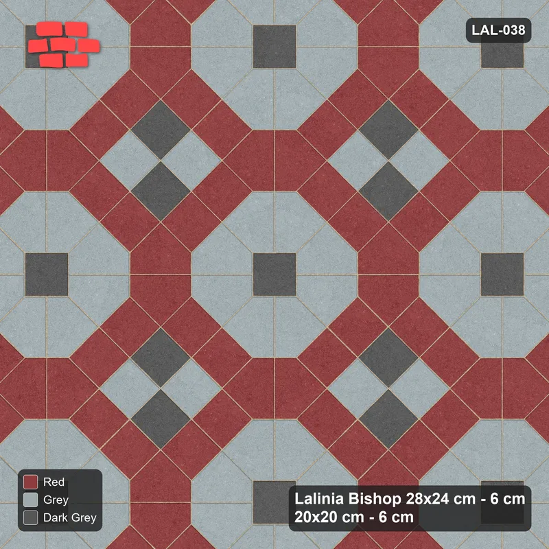 Interlock (Pasco) 28x24 cm · LAL-038 · Octagons with House Pairs and Plus Squares - light octagons, coloured pairs, dark centres and plus core, kerb frame · Top view Interlock (Pasco) 28x24 cm · LAL-038 · Octagons with House Pairs and Plus Squares - light octagons, coloured pairs, dark centres and plus core, kerb frame · Top view