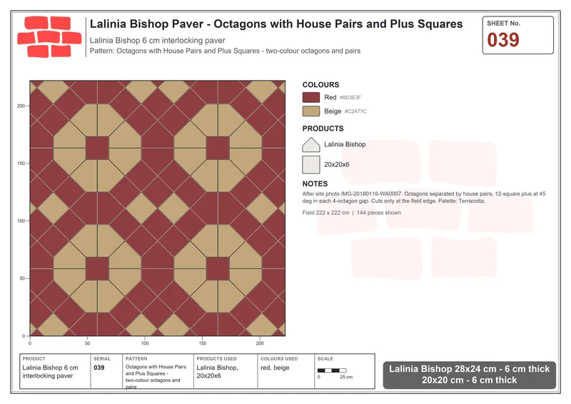 Interlock (Pasco) 28x24 cm · LAL-039 · Octagons with House Pairs and Plus Squares - two-colour octagons and pairs · Laying plan Interlock (Pasco) 28x24 cm · LAL-039 · Octagons with House Pairs and Plus Squares - two-colour octagons and pairs · Laying plan